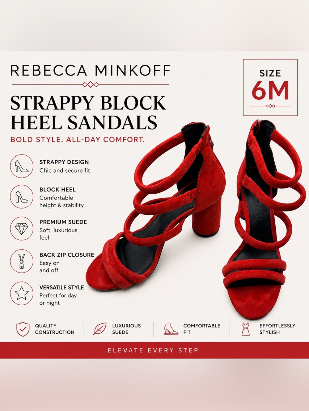 Rebecca Minkoff Red Suede Strappy Block Heel Sandals Size 6 Statement Heels